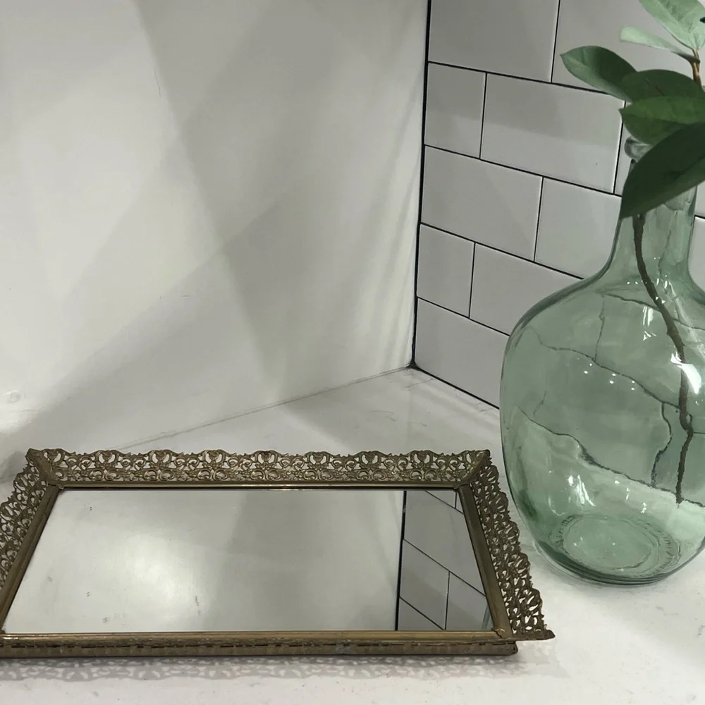 Vintage Gold Filigree Vanity Dresser Hollywood Regency Mirror Tray